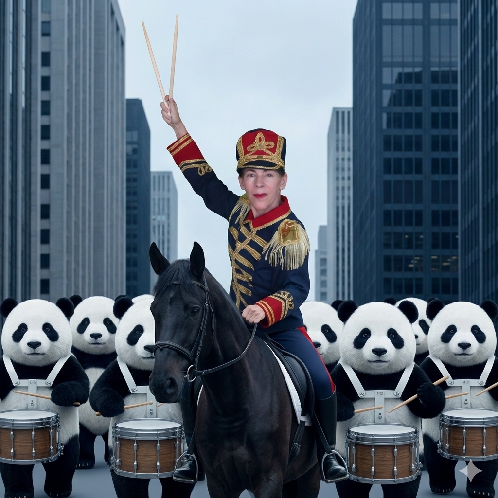 Lisa Pedace on a horse in front of rows of panda drummers